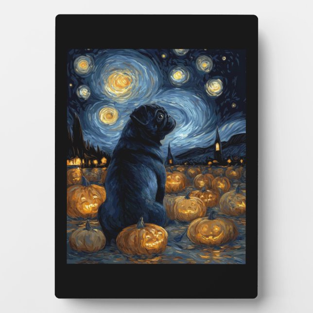Placa Expositora Black Pug dog of van gogh starry night halloween F (Frente)