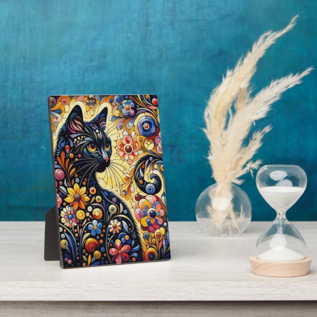 Placa Expositora Black Whimsical Cat Resumen Arte de pintura floral (Lado)