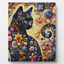 Placa Expositora Black Whimsical Cat Resumen Arte de pintura floral