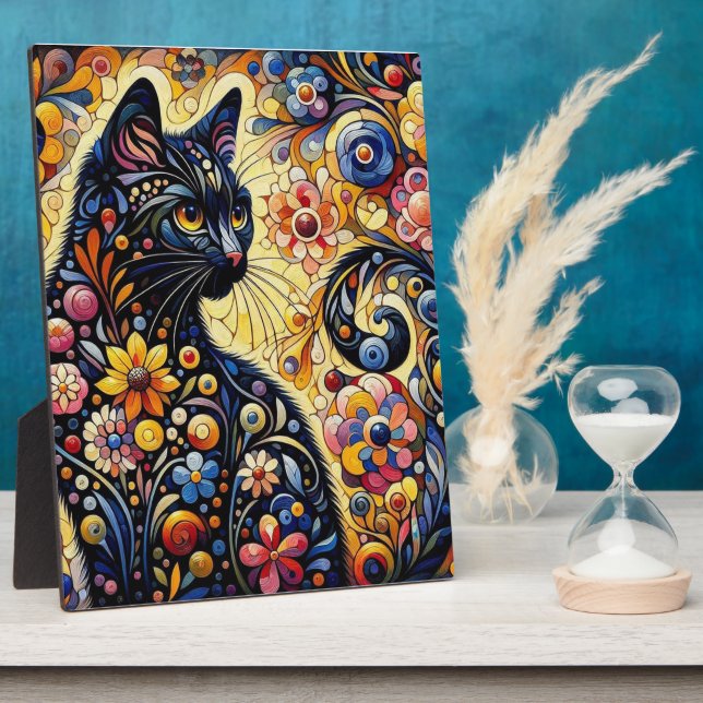 Placa Expositora Black Whimsical Cat Resumen Arte de pintura floral (Lado)