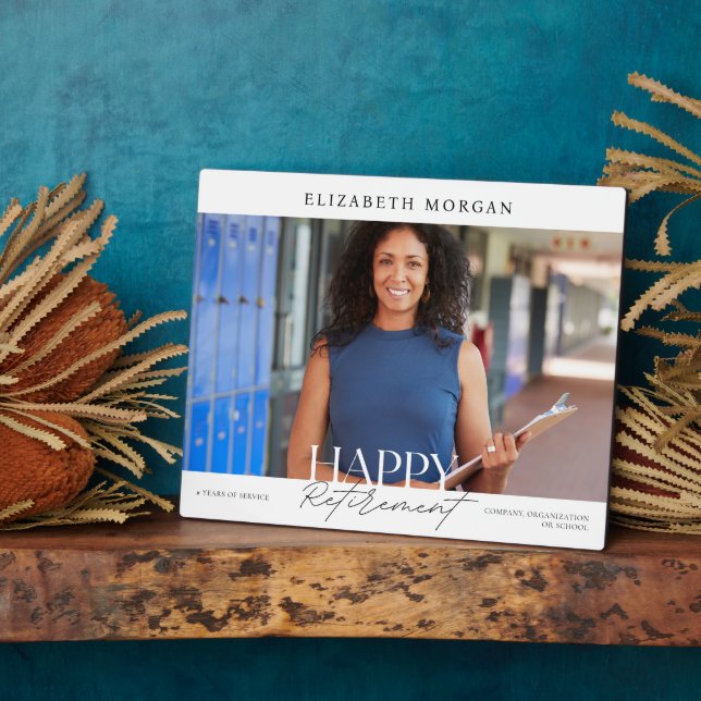 Placa Expositora Blanco moderno Feliz retiro Keepsake Photo (Lado)