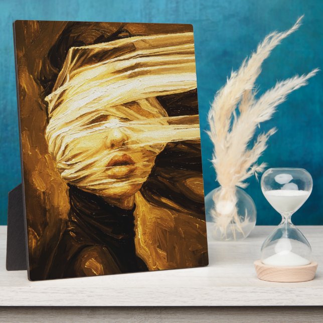 Placa Expositora Blindfolded Woman – Surreal Oil Art (Lado)