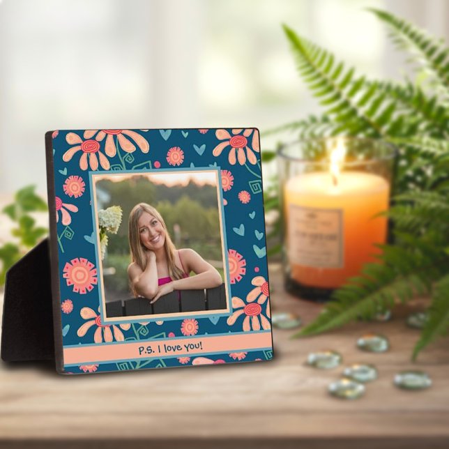 Placa Expositora Blue Floral Cute Photo Custom Love Message (Subido por el creador)