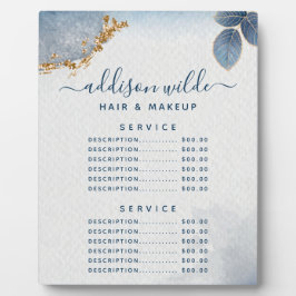 Placa Expositora Blue Gold Watercolor Botanical Leaves Menú de prec