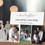 Placa Expositora Boda 3 Collage de fotos con cita de Love Laughter<br><div class="desc">Crea tu propia placa fotográfica boda usando 3 de tus fotos bodas favoritas. La redacción está escrita en un guión elegante y en una versión moderna. Se lee "amor, risa y felicidad para siempre". La plantilla está preparada para que añada los nombres de los recién casados, la fecha del boda...</div>
