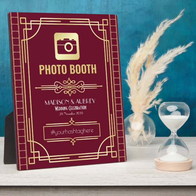 Placa Expositora Boda Art Deco Foto Booth Gold Burgundy Rótulo (Lado)