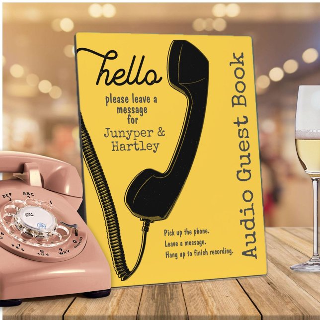 Placa Expositora Boda Audio Guest Book Black Phone Mustard 8x10 (Hello - Wedding Audio Guest Book Sign in Mustard Yellow)