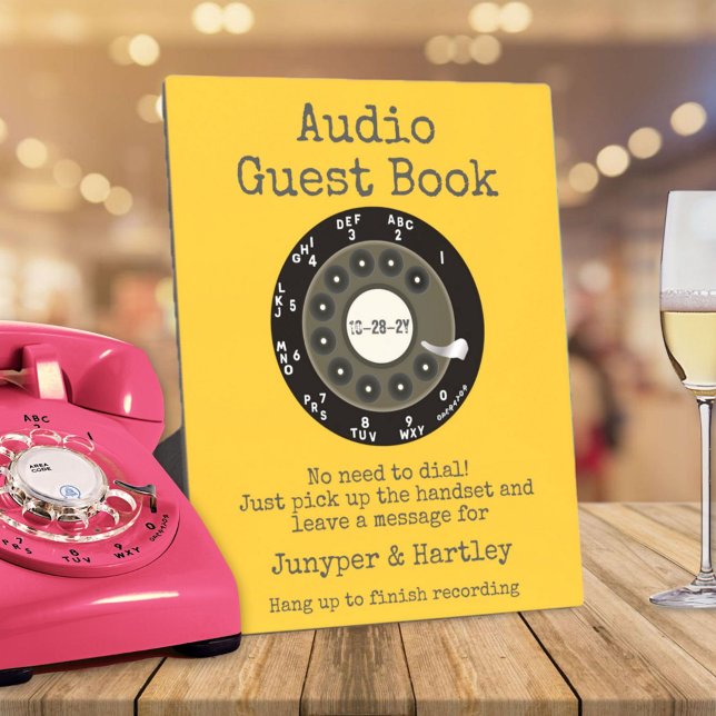Placa Expositora Boda Audio Guest Book Black Rotary Dial Mustard (Audio Guest Book Personalized 8x10 easel sign - black rotary dial- mustard yellow background)