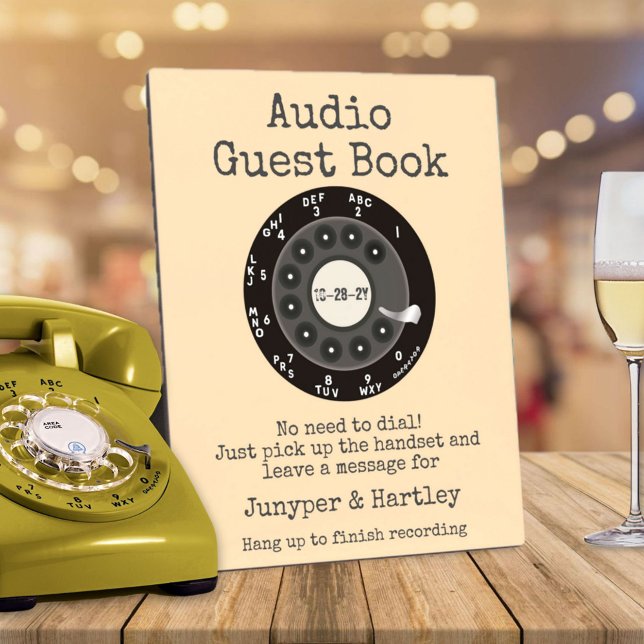 Placa Expositora Boda Audio Guest Book Black Rotary Ivory Cream (Audio Guest Book Personalized 8x10 easel sign - black rotary dial- ivory cream background)