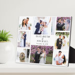 Placa Expositora Boda Collage de fotos elegante<br><div class="desc">Una elegante placa fotográfica personalizado para recién casados que incluye un collage de 8 fotos del día de tu boda,  compromiso,  luna de miel,  fiesta nupcial,  padrinos,  familia,  etc.,  fotos y tus nombres y fecha boda en una tipografía elegante.</div>