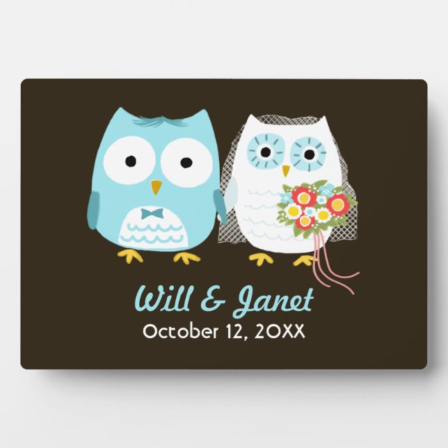 Placa Expositora Boda de Búhos - Novia y Novio con Texto Personaliz (Frente)