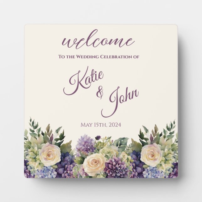 Placa Expositora Boda de flores púrpura acuarela - (Frente)