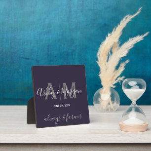 Placa Expositora Boda moderno de monograma gris y azul Keepsake