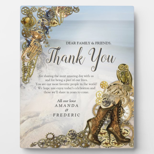 Placa Expositora Boda Steampunk cerca del mar (Frente)