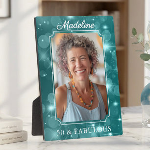 Placa Expositora Bokeh Brillante Verde Azul Elegante 50 y Foto Fabu