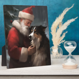 Placa Expositora Border Collie Con Santa Claus Festivo Navidad