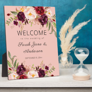 Placa Expositora Borgoña Marsala Signo de bienvenida floral Rosa 2