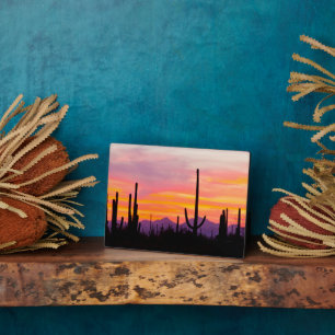 Placa Expositora Bosque de Cactus Saguaro al atardecer