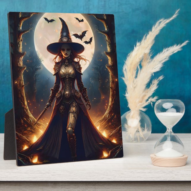 Placa Expositora Bruja del Bosque Steampunk de Halloween (Lado)