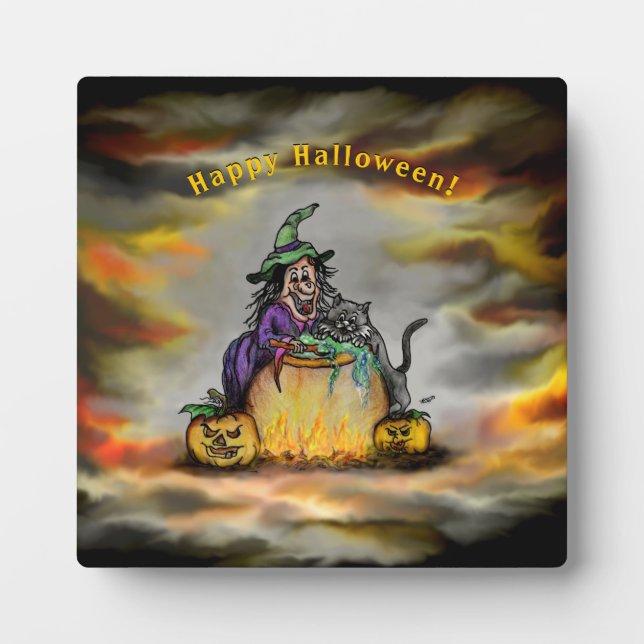 Placa Expositora Bruja y gato negro, ¡Feliz Halloween! (Frente)