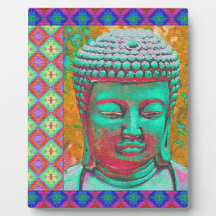 Placa Expositora Buda pop con fronteras patchwork en azul y rosa