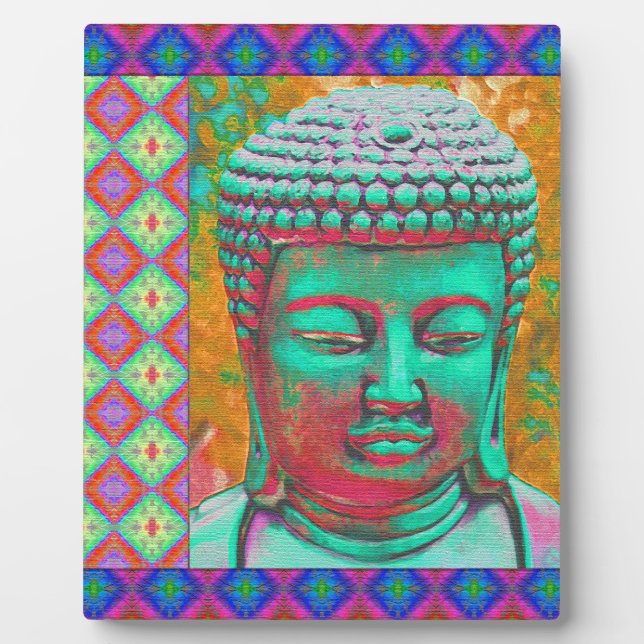 Placa Expositora Buda pop con fronteras patchwork en azul y rosa (Frente)