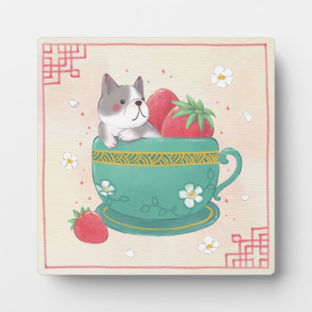Placa Expositora Bulldog francés, fresas y Ilustracion de la Copa (Frente)