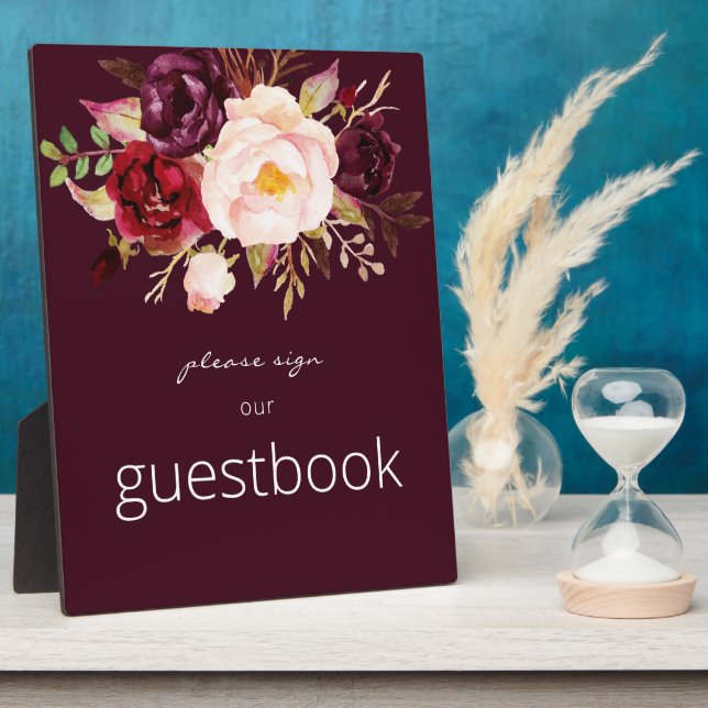 Placa Expositora Burgundy Marsala Floral Guestbook Rótulo Borgoña (Lado)