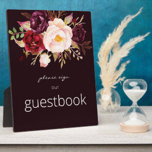 Placa Expositora Burgundy Marsala Floral Guestbook Rótulo oscuro ro