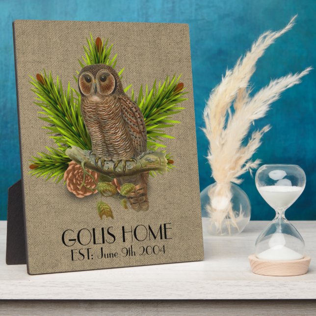 Placa Expositora Burlap y Owl Rústicos Personalizados (Lado)