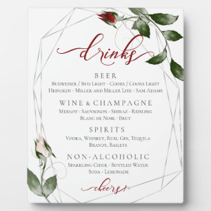 Placa Expositora Cabernet Rubor Rosas Boda Menú Bar Recepción