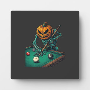 Placa Expositora Calabaza de Halloween Esqueleto Jugando Billar Pis