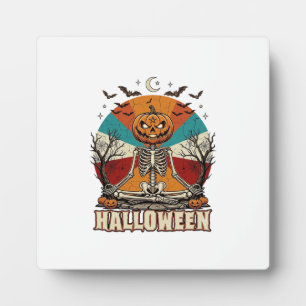Placa Expositora Calabaza Esqueleto Meditando Halloween Retro Sol B