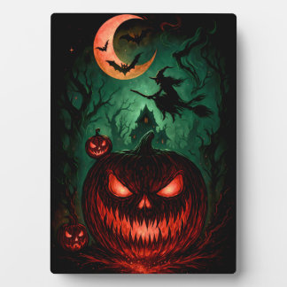 Placa Expositora Calabaza malvada bajo luna de sangre | Bruja volan
