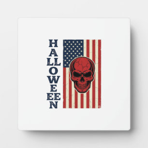 Placa Expositora Calavera Patriótica Vintage de Halloween Bandera E