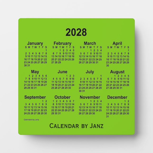 Placa Expositora Calendario de la Mesa Verde Amarilla 2028, de Janz (Frente)