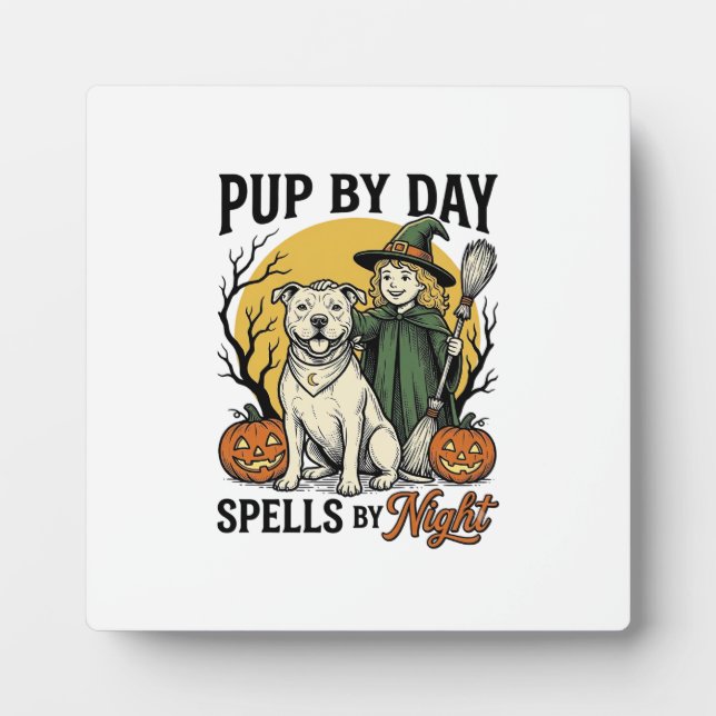 Placa Expositora Camiseta de Perro Bruja de Halloween Grabado Vinta (Frente)