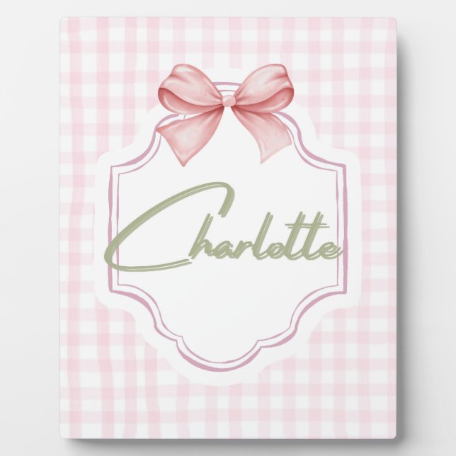 Placa Expositora Carlota Personalizada Rosa Bow & Gingham Print (Frente)