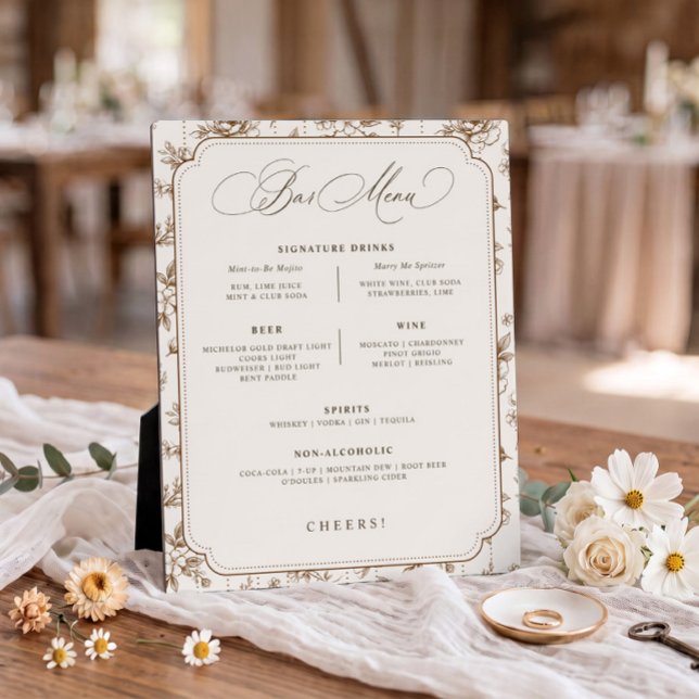 Placa Expositora Cartel de menú de bar de flores marrones crema vin (Brown & cream vintage French floral wedding bar menu self-standing plaque with signature drinks.)