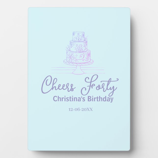 Placa Expositora Cheers forty happy birthday cake blue purple name  (Frente)