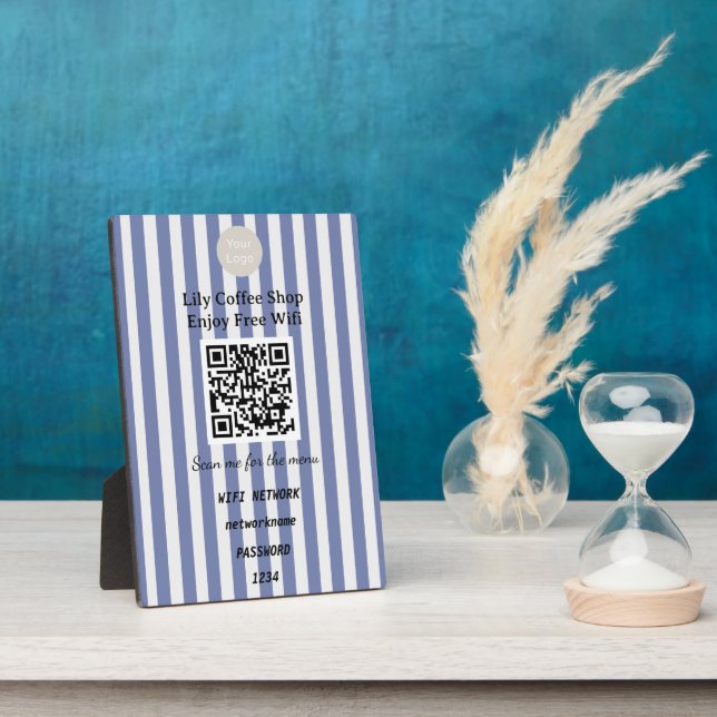 Placa Expositora Chic Dark Blue & White Stripes QR Code Wifi (Lado)