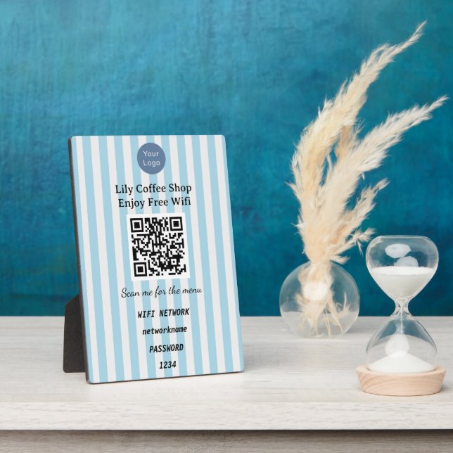 Placa Expositora Chic Light Blue & White Stripes QR Code Wifi (Lado)