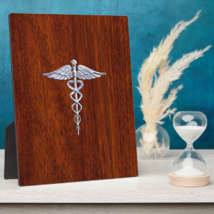 Placa Expositora Chrome como símbolo médico de Caduceus Mahogany Br