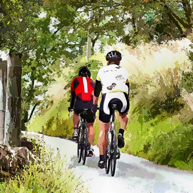 PLACA EXPOSITORA CICLISMO (Two road racing cyclists enjoying the country lanes of Wales. Watercolor.)