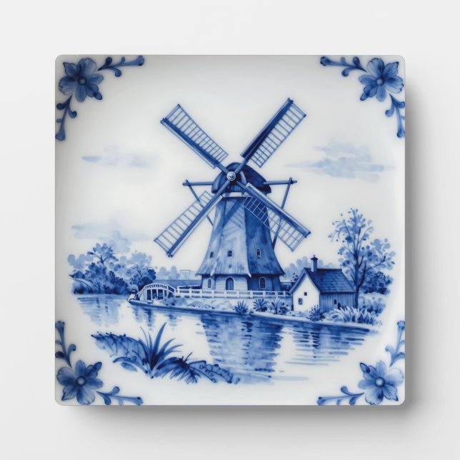 Placa Expositora Classic Delft Blue Windmill Canal Scene (Frente)