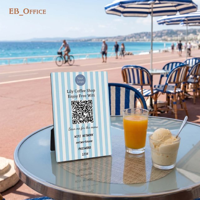 Placa Expositora Código QR de rayas verticales azules pedestal Wifi (Modern Blue Vertical Stripes
QR Code Wifi-Fi Plaque
5” X 7”
)