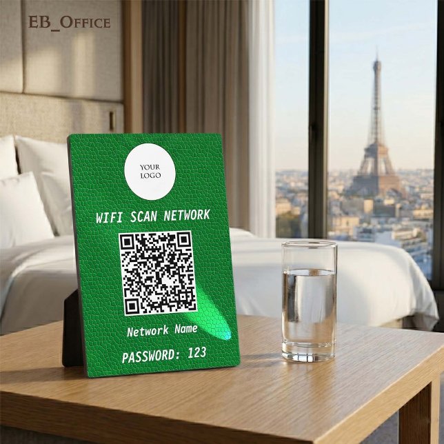 Placa Expositora Código QR de Wifi Señal de Cuero Verde de Lujo con (Luxury QR Code Wi-fi Tabletop Sign
& Logo
•	Green Leather pattern
•	5” x 7”
)