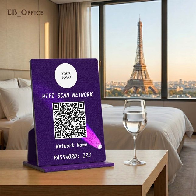 Placa Expositora Código QR Wifi Cuero Morado Intenso Spotlight  (Luxury QR Code Wi-fi Tabletop Sign
& Logo
•	Purple Leather pattern
•	5” x 7”
)