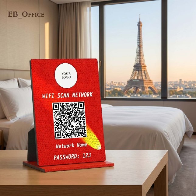 Placa Expositora Código QR Wifi Cuero Rojo Carmesí Destacado (Luxury QR Code Wi-fi Tabletop Sign
& Logo
•	Red Leather pattern
•	5” x 7”
)