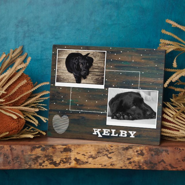 Placa Expositora Colaje de fotos de perro con corazón de madera rús (Lado)